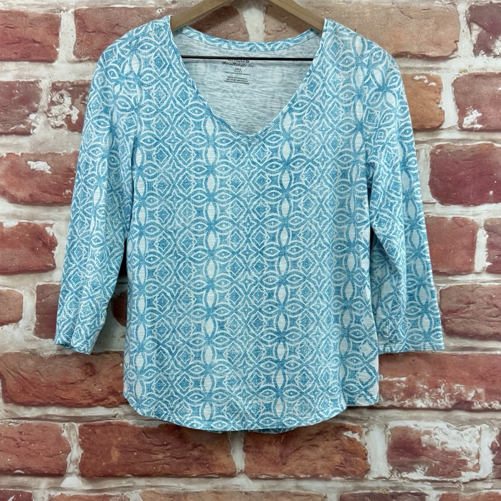 Chicos Ultimate Tee Top Women's S Blue Boho Abstract Distressed Casual T Shirt